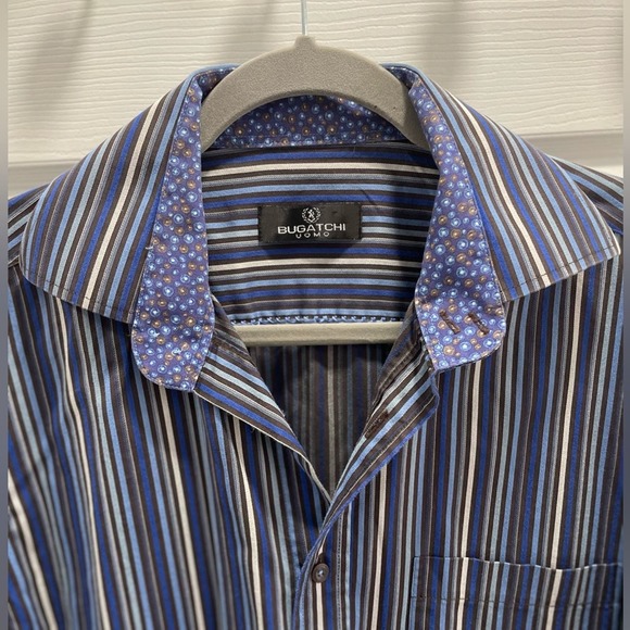 Bugatchi Uomo Men's Striped Shirt Size Large Black Blue Grey - Picture 2 of 5